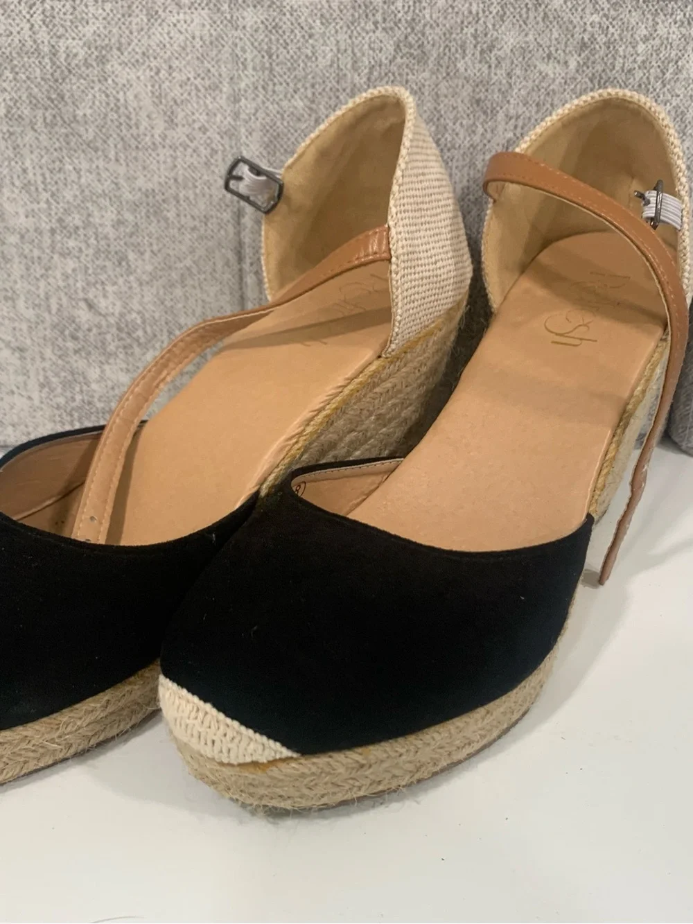 Refresh Black Espadrille Wedges with Tan Ankle Straps